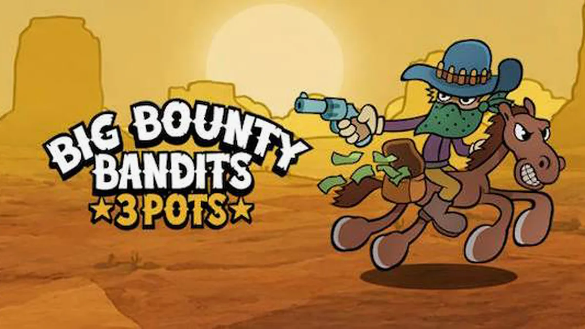 Interface visual vibrante e cartoon de Big Bounty Bandits: 3 Pots com símbolos de bandidos e moedas.